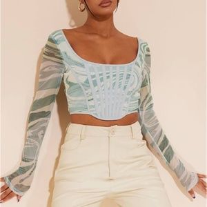 Green Abstract Printed Mesh Binding Detail Long Sleeve Corset
